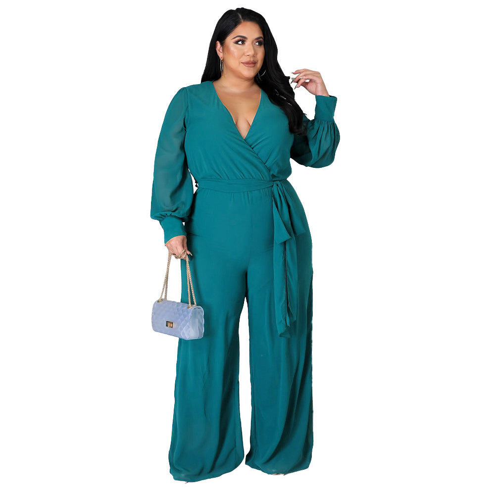 Plus Size Women Loose Straight Solid Color Belt Jumpsuit