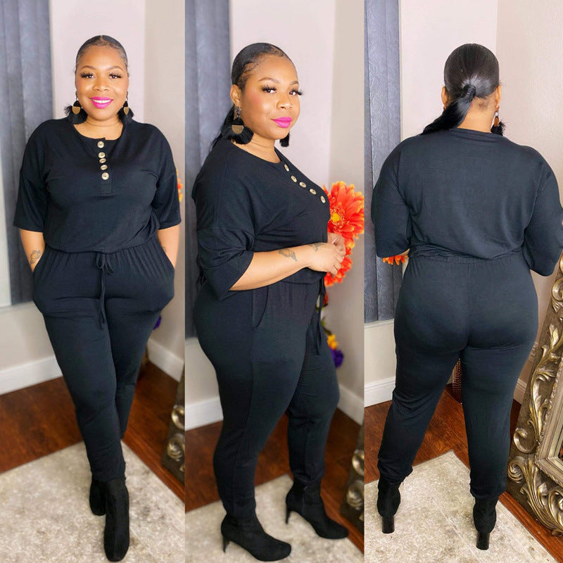 Plus Size Solid Color Loose Casual Jumpsuit Women Jumpsuit