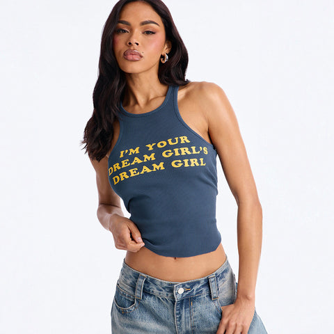 Women Solid  Letters Printing Thread Sleeveless Vest