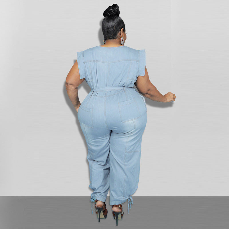 Plus Size Women Clothing Autumn New Denim Sleeve Wash Jumpsuit Trousers Sexy New