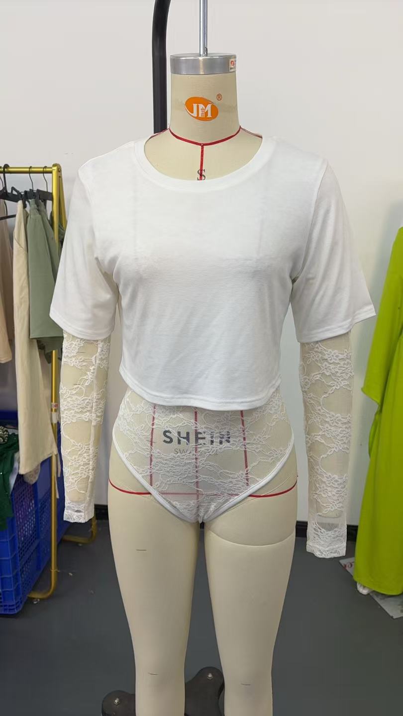 Solid Cropped Outfit Slim Lace  Sleeve