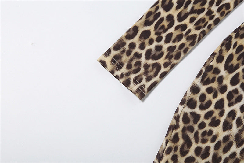 Spring Women Clothes Personality round Neck High Waist Slim Fit Backless Leopard Print Long Sleeve Jumpsuit Women