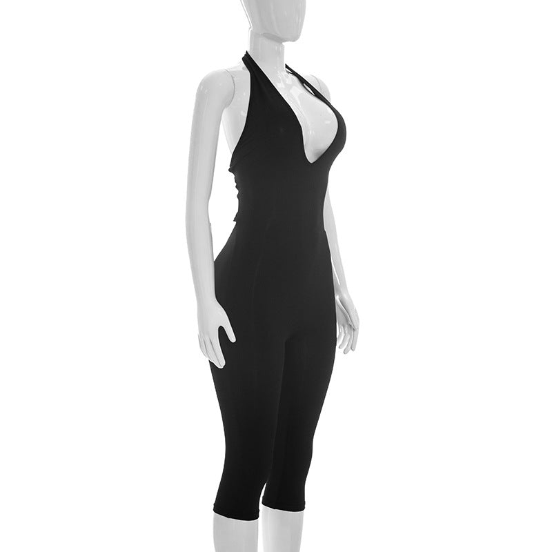Women Clothing Summer Solid Color Sexy Sleeveless Backless Lace up Halter Cropped Long Conjoined Trousers