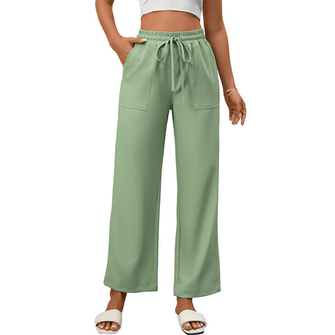 Summer Women Casual Drawstring Elegant Trousers Wide Leg Pants with Pockets