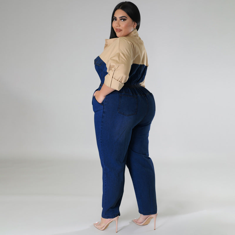 Plus Size Women Clothes Contrast Color Jumpsuit