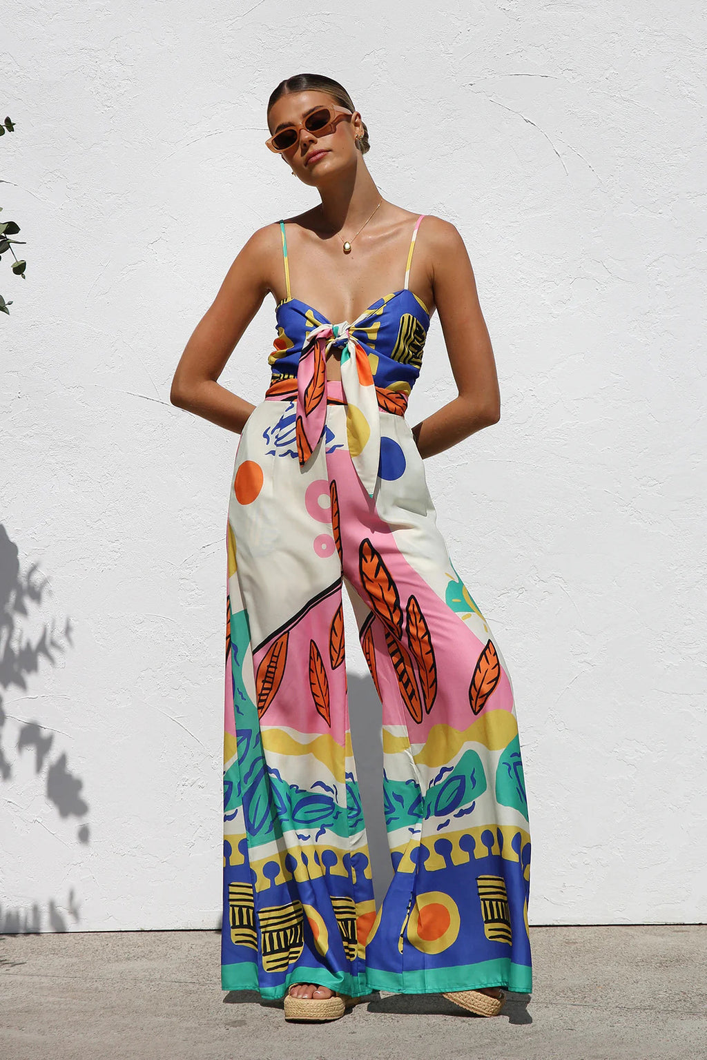 Spring Summer Printed Waist Controlled Smocking Strap Knotted Wide Leg Straight Jumpsuit