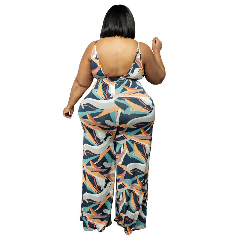 Plus Size New Arrival Jumpsuit Women Clothing Printed Sling Straight Loose Casual