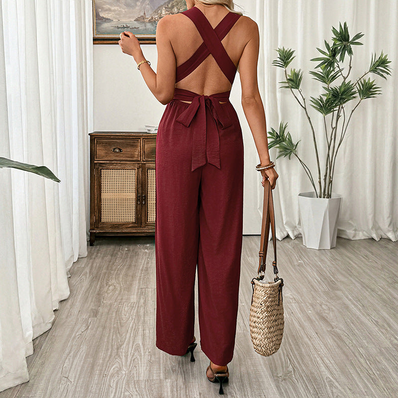 Women Clothing Elegant Cross Backless Lace up Sleeveless Long Wide Leg Jumpsuit