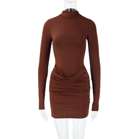 Tulun Sexy Dress Stand Collar Long Sleeve Pleated Slim Fit Niche Mini Dress