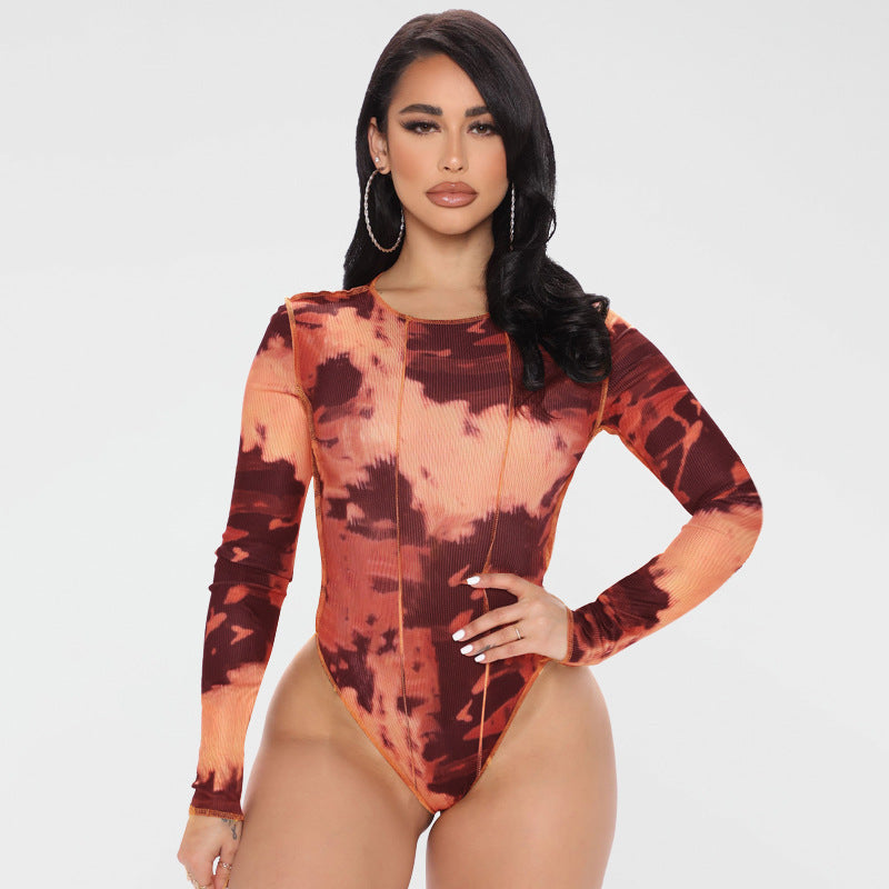 Plus Size Spring Women Clothing round Neck Print Long Sleeves Tight Breasted Jumpsuit
