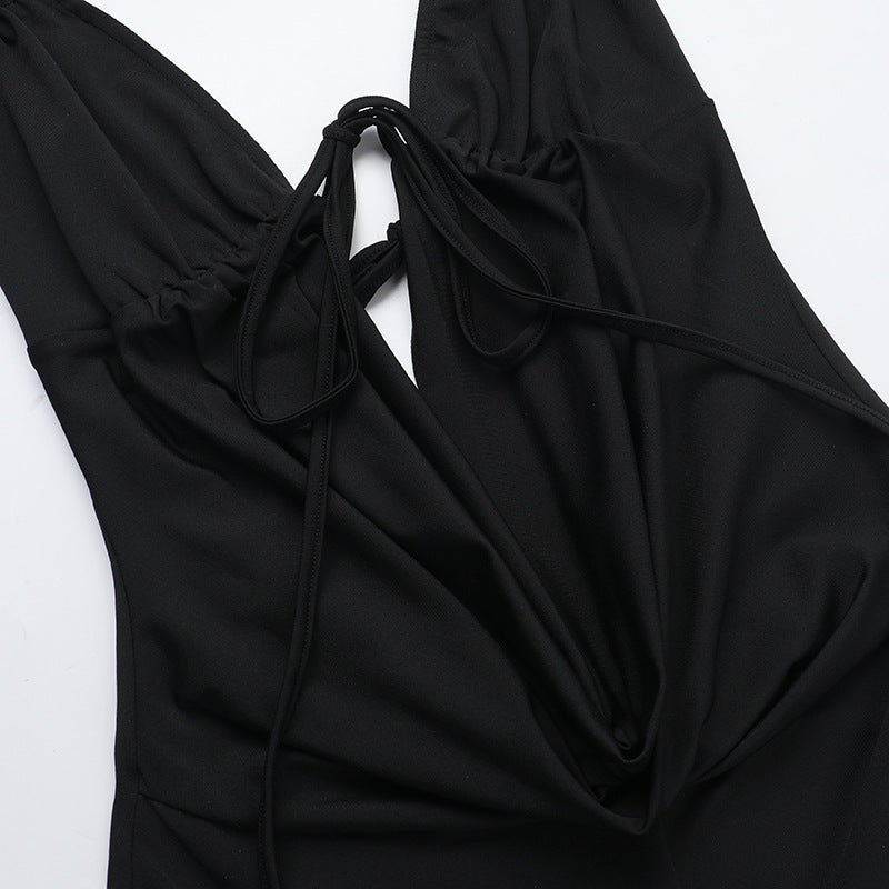 Pocket Collar Deep V Plunge Strap Halter Jumpsuit Women Clothing Summer Sexy Backless Bodysuit