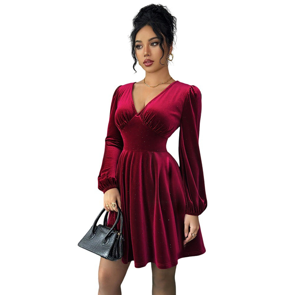 Ponce Retro Socialite Wine Red Velvet V neck Lantern Sleeve Slim Mini Dress
