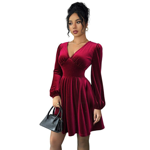 Ponce Retro Socialite Wine Red Velvet V neck Lantern Sleeve Slim Mini Dress