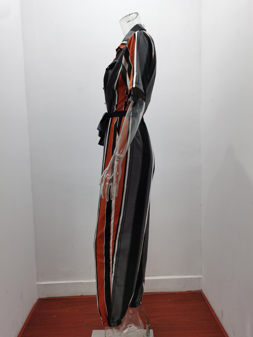 Women Clothing Trousers Casual Collared Button Printed Belt Cargo Overalls Plus size