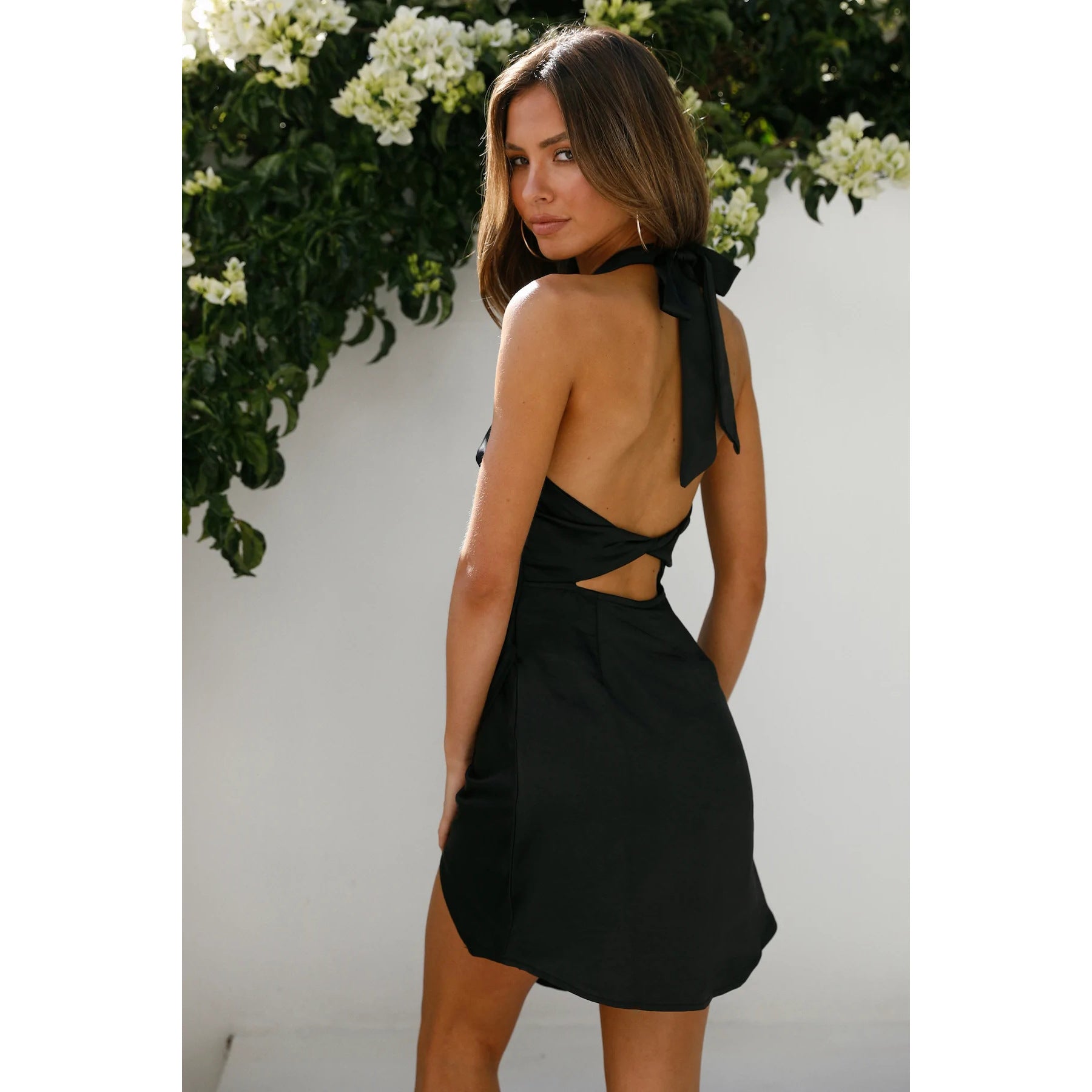 California Clothing Solid Satin Halter Backless Slit Mini Dress Gown
