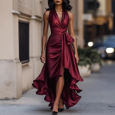 Wilmington Satin Deep V Plunge neck Sleeveless Waist Trimming Ruffles Elegant Dress