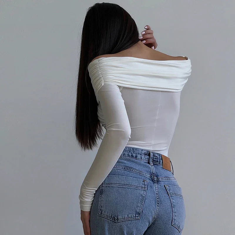 Co-op City Sexy off the Shoulder Long Sleeve Cross Pleated Slim High Waist Top