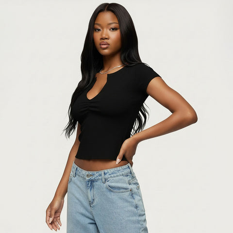 Women Solid  V neck Cropped Sleeved
