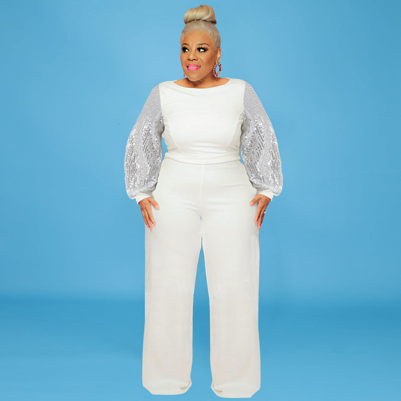 Plus Size Women Clothes Winter New Sequin Sleeve round Neck Jumpsuit New