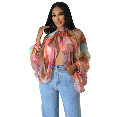 Women  Printing Batwing Sleeve
