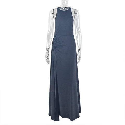 Colorado Fitted Waist Pleated Design Hip Round Neck Sleeveless Dress