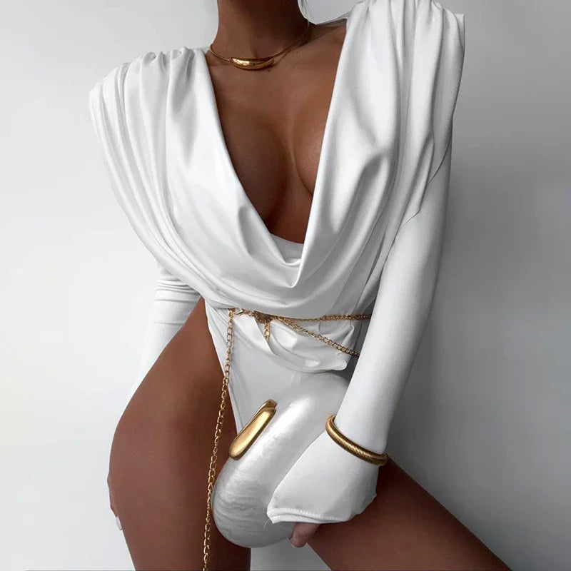 Monroe Sexy Solid Color Swing Collar Tight Long Sleeve Top