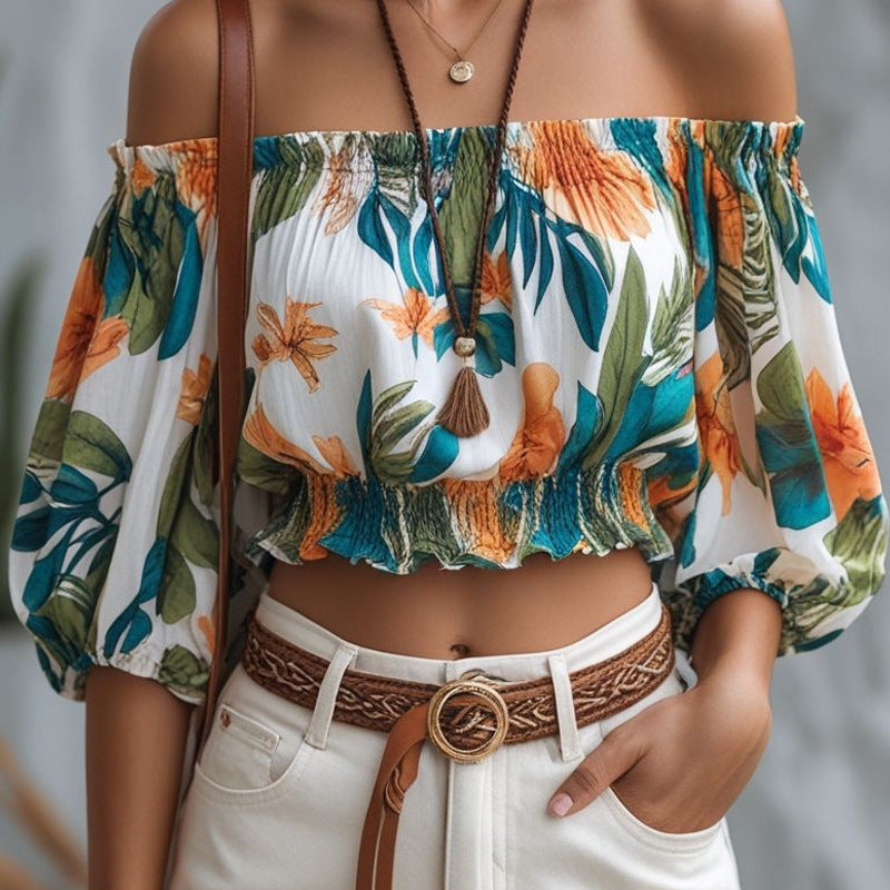 Spring Women Printed off Neck Crop