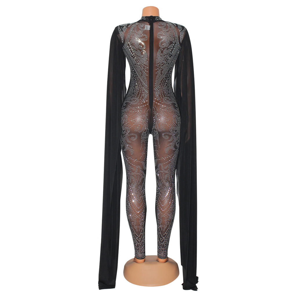 Autumn Winter Women Clothing Sexy Mesh Rhinestone See through Nightclub Jumpsuit Women