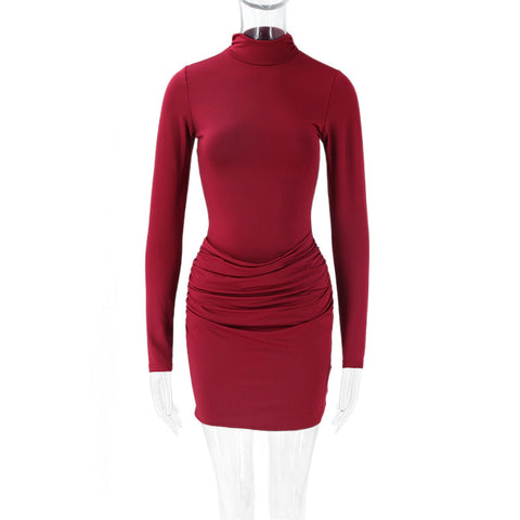 Tulun Sexy Dress Stand Collar Long Sleeve Pleated Slim Fit Niche Mini Dress