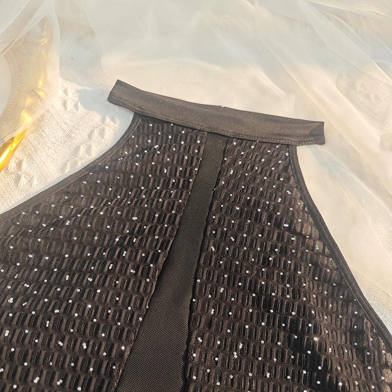 Mamaroneck Backless Slim Fit See through Light Diamond Halter Fishnet Top