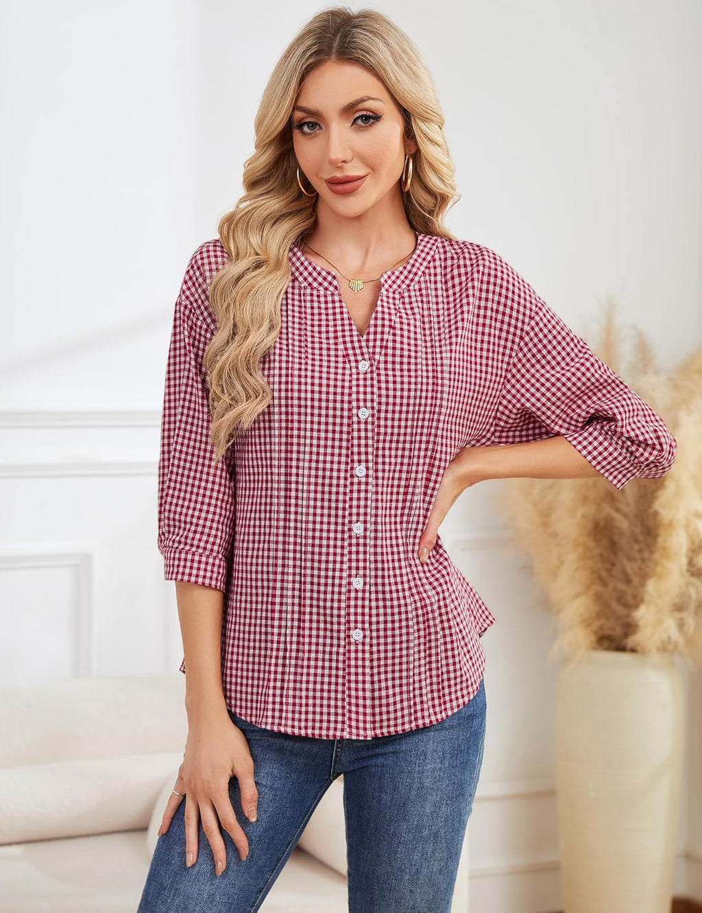 Casual Solid Color Half Open Collar Single Breasted Pleated Cropped Sleeve Top