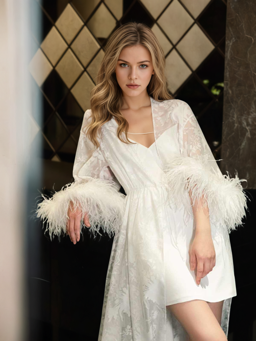 Luxury White Feather Trim Lace Long Robe Set
