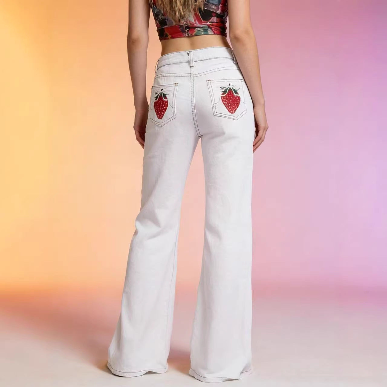 White Bow Strawberry Cute Patch Straight Low Waist Loose Fitting Women Jeans