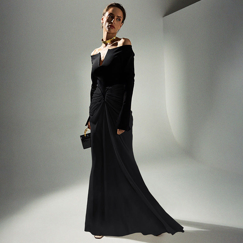Summerville Clothing Colorblock Slim Pleated Long Sleeve Elegant Dress
