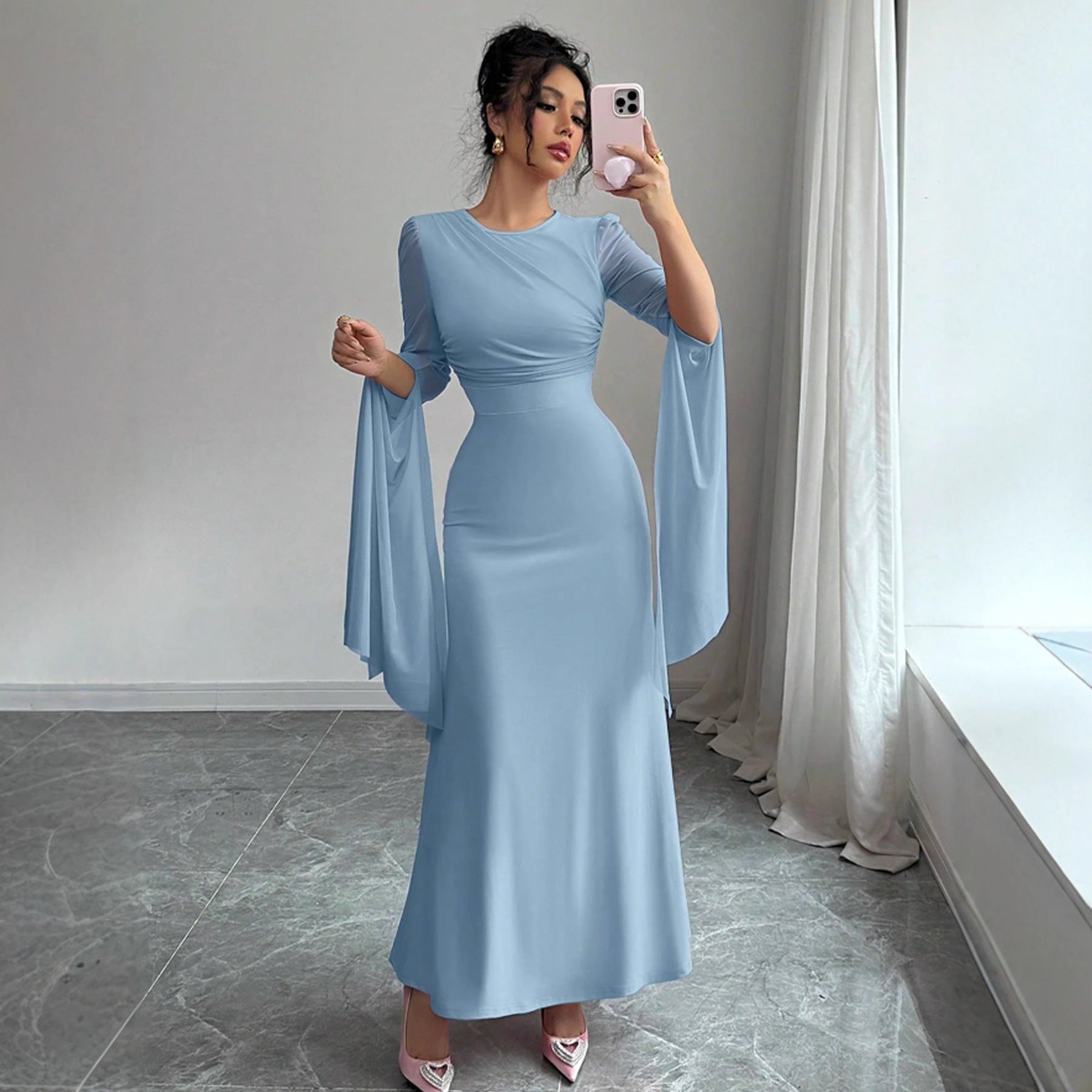 Stitching Mesh Large Swing Sleeves Sexy Slim Fit Fishtail Dress