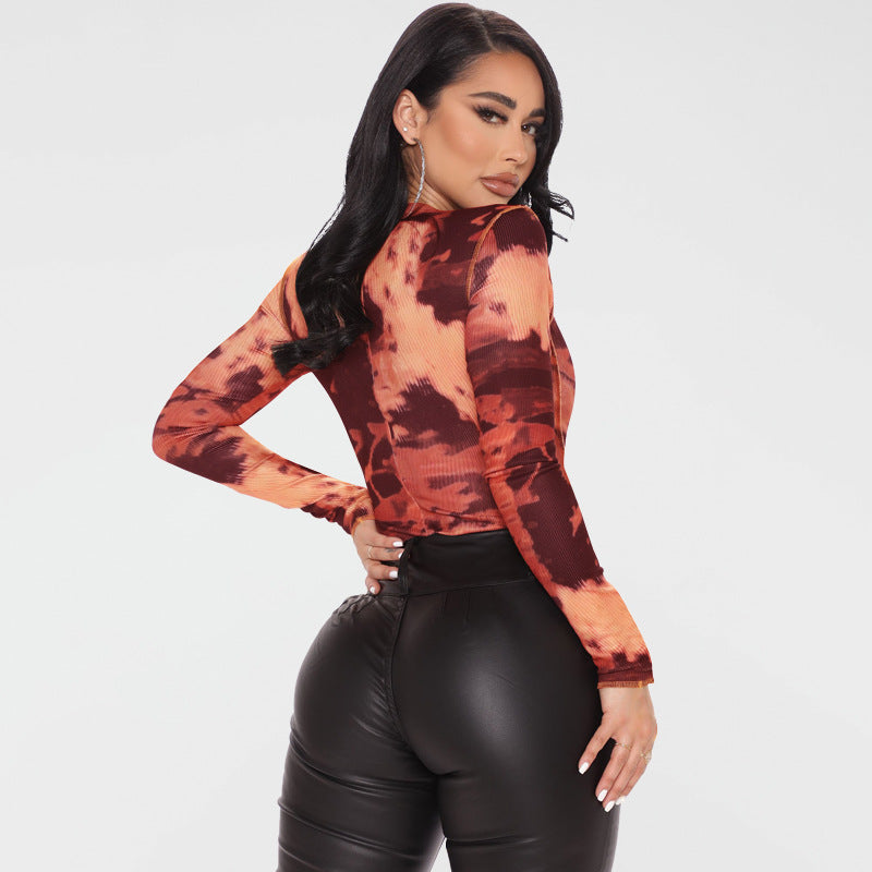 Plus Size Spring Women Clothing round Neck Print Long Sleeves Tight Breasted Jumpsuit