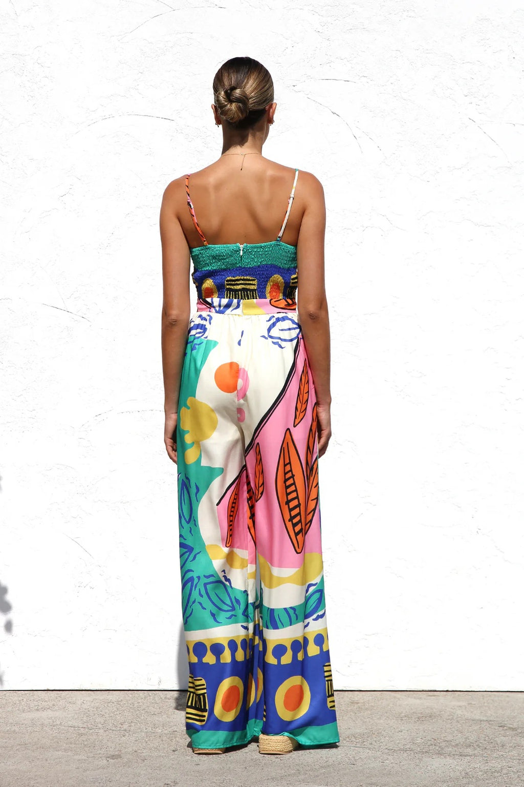 Spring Summer Printed Waist Controlled Smocking Strap Knotted Wide Leg Straight Jumpsuit