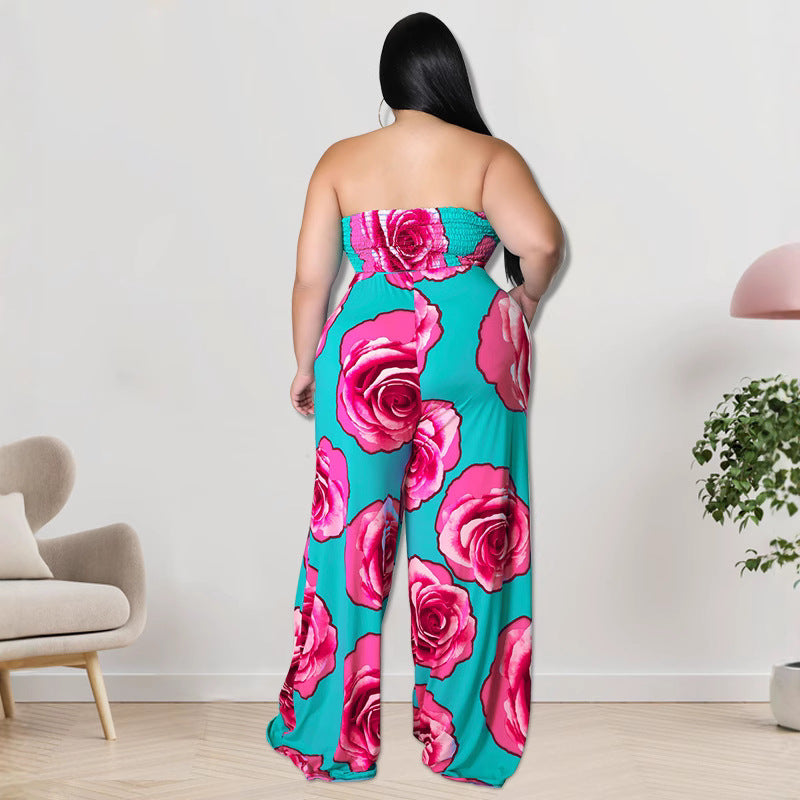 Plus Size Women Clothing Summer Smocking Cool Sleeveless Rose Tube Top Jumpsuit