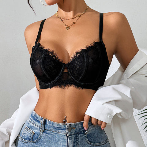 Black Sexy Lace Eyelash Steel Ring Bra
