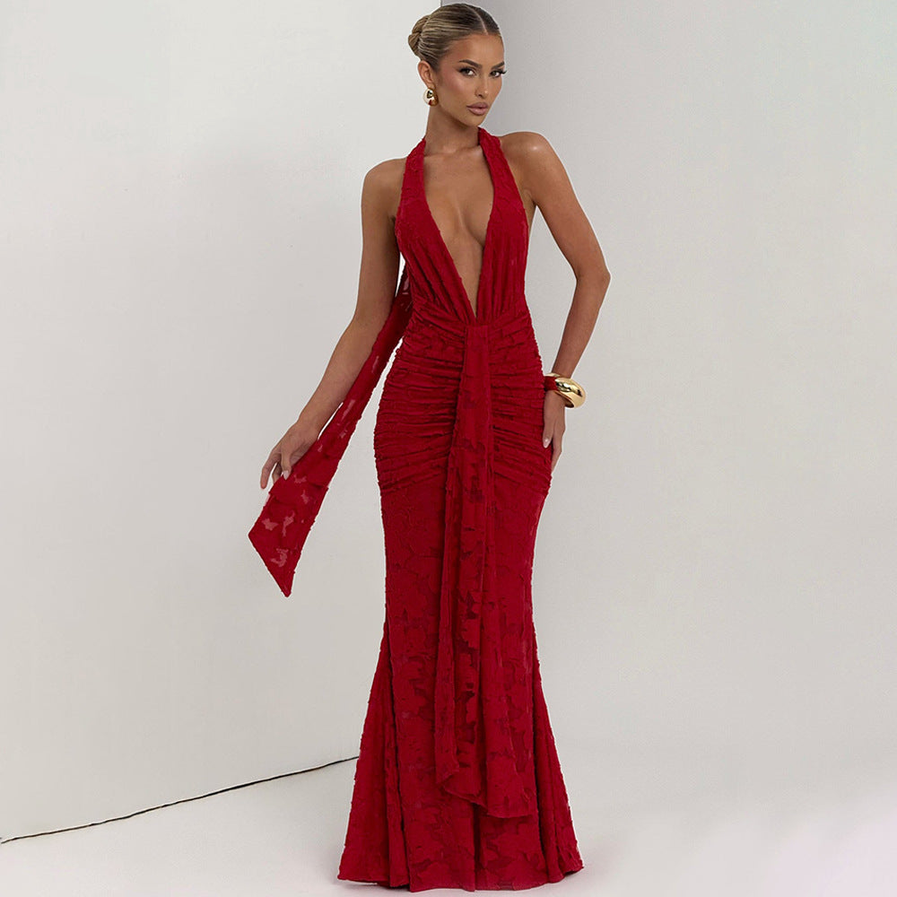Cape Lake Lace Pleated Sexy Deep V Plunge neck Backless Sheath Maxi Dress