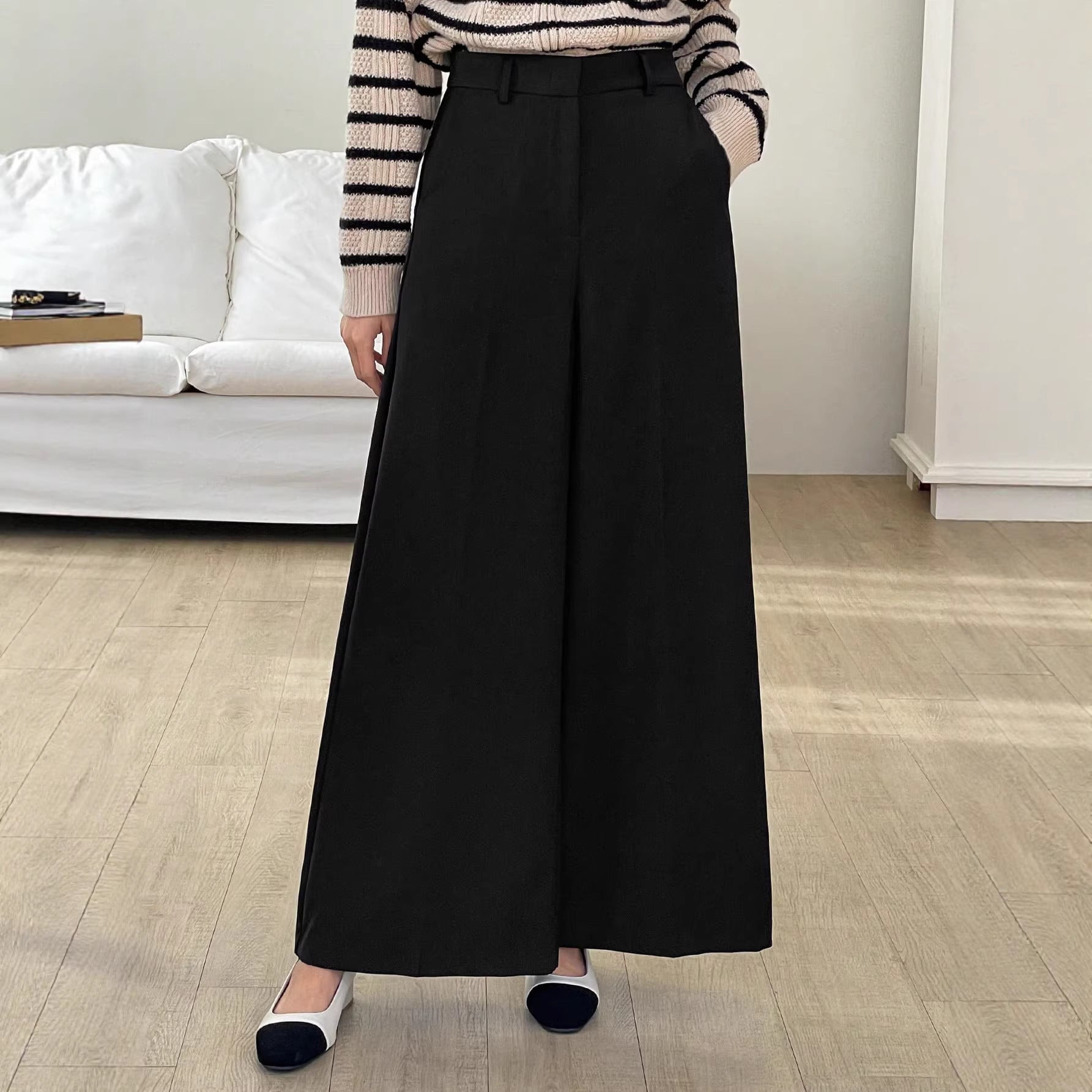 Straight High Waist Casual Women Work Pant Draping Small Wide Leg Design Maillard Black Pants