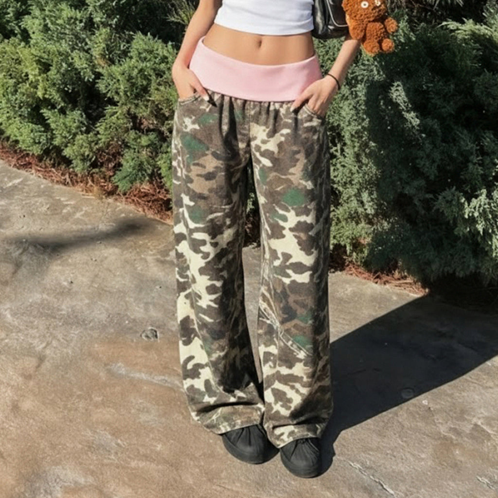 Retro Casual Camouflage Waist Contrast Color Trousers Women Street Sweet Spicy Loose Draggle Tail Straight Trousers