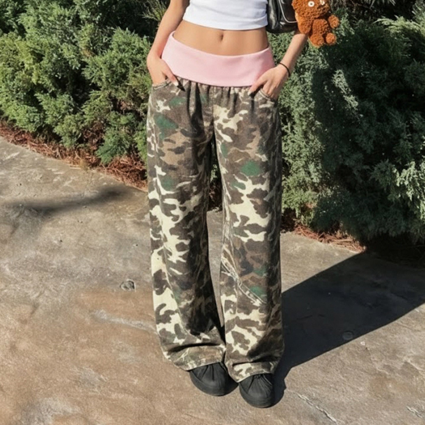 Retro Casual Camouflage Waist Contrast Color Trousers Women Street Sweet Spicy Loose Draggle Tail Straight Trousers