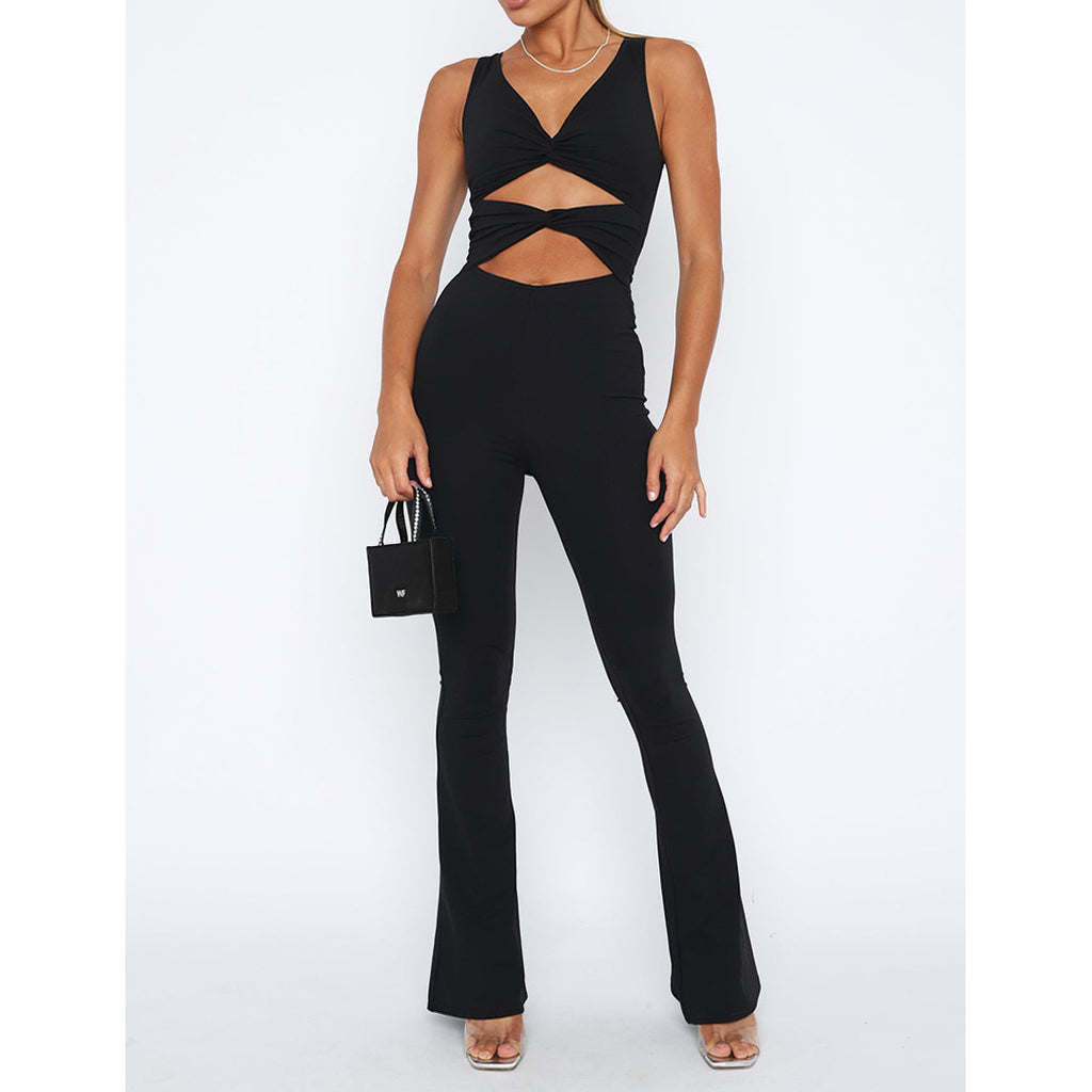 Women Clothing Solid Color Slimming Hollow Out Cutout Twist Bell Jumpsuits