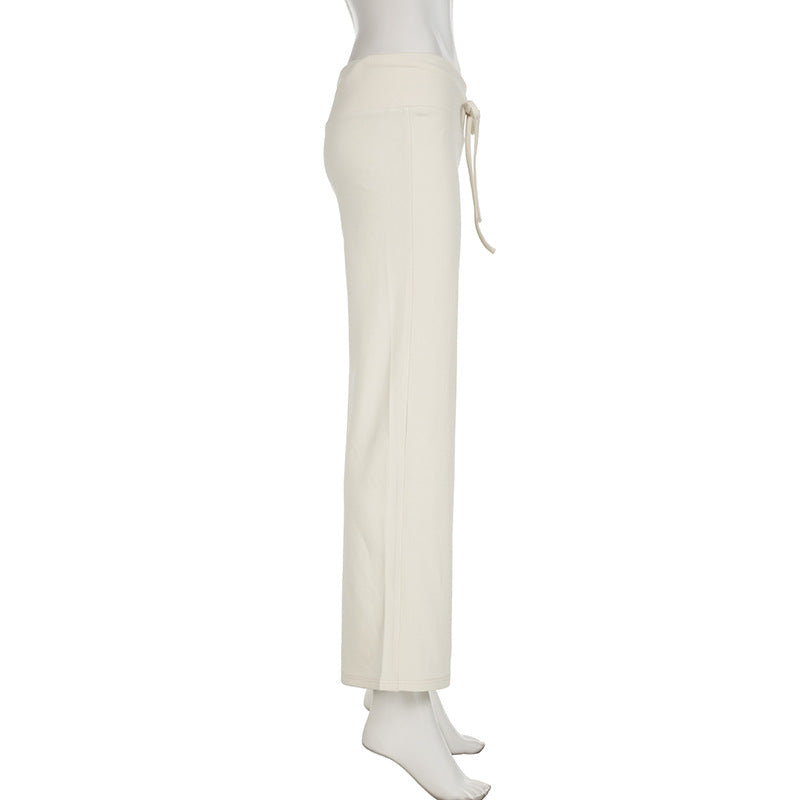 Spring Summer Street Outdoor Home Casual Pants Waist Lace up Smooth Straight Leg Trousers