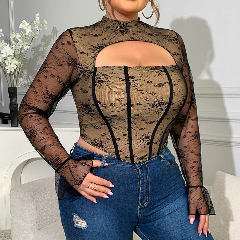 Plus Size Sexy Mesh Low Cut Steel Ring Boning Corset Long Sleeved Top Sexy Slim Lace Wome Clothing