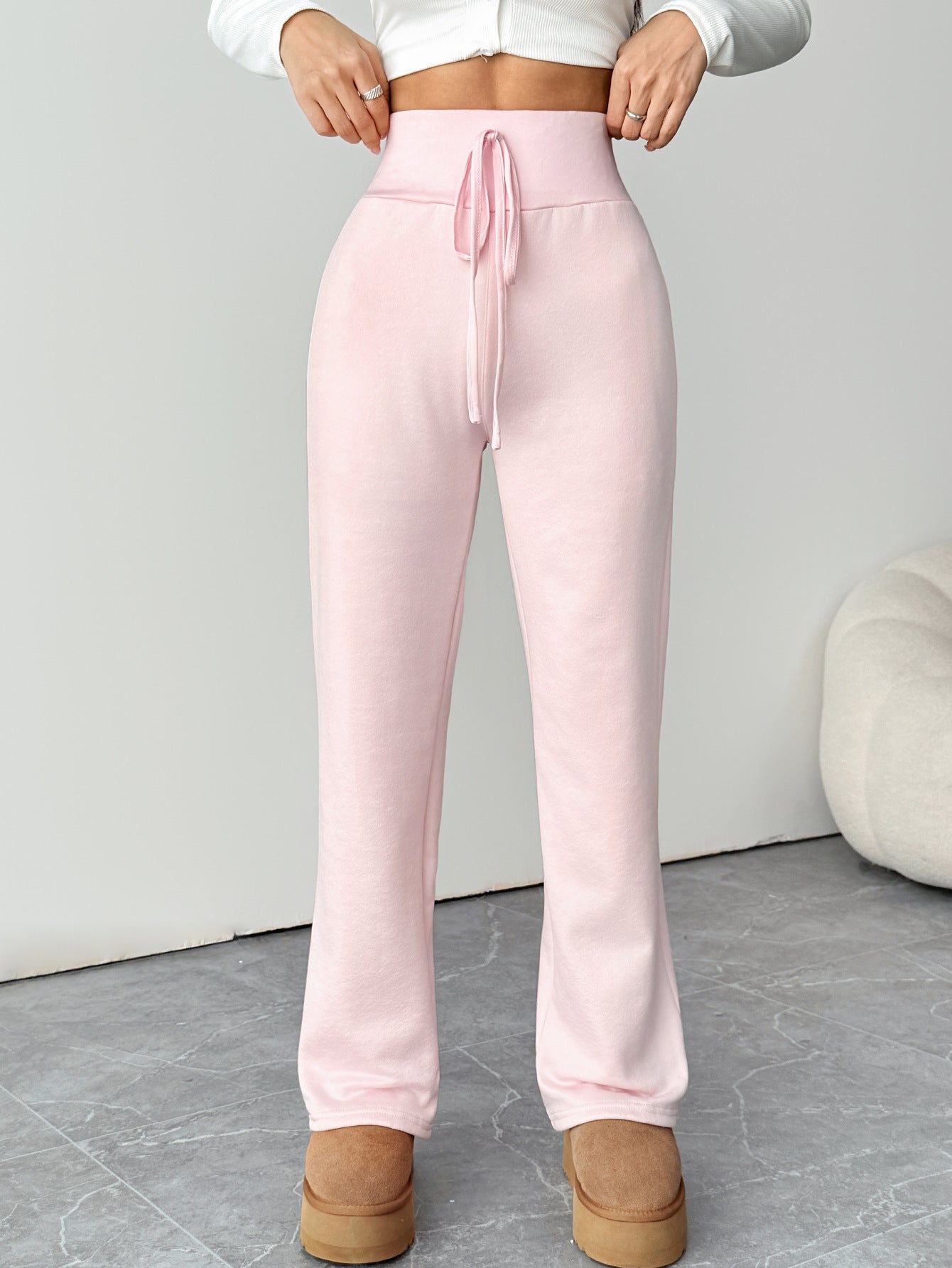 Winter Thickened Warm Berber Fleece Pink Casual Pants Outer Wear Slim Slimming Faux Drawstring Design