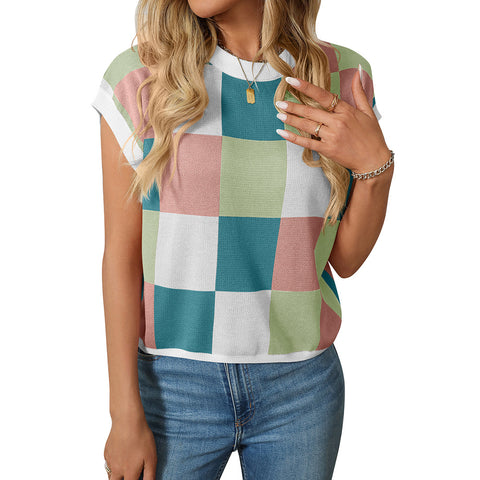 Summer Sleeve Block round Neck Plaid