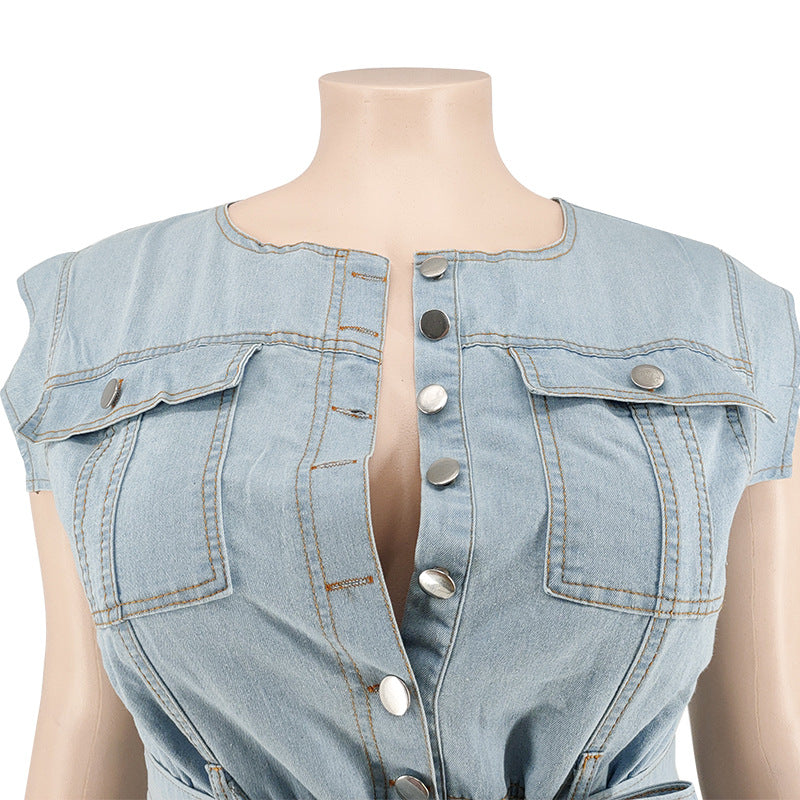 Plus Size Women Clothing Autumn New Denim Sleeve Wash Jumpsuit Trousers Sexy New