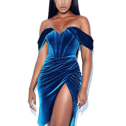 Myrtle Off Shoulder Velvet Boning Split Evening Dress